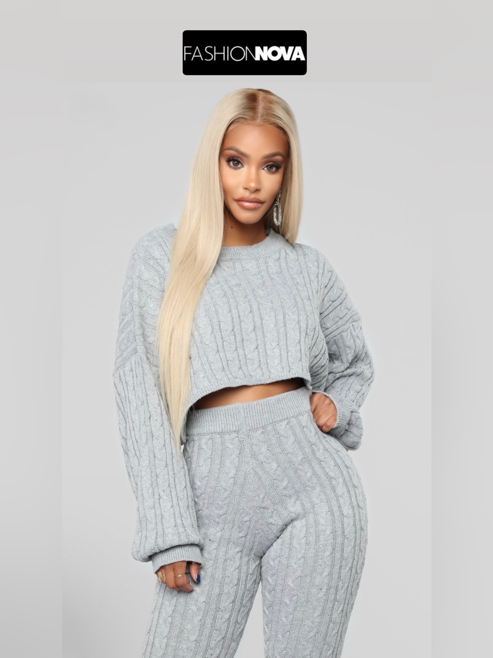 FashionNova Meet Me Half Way 2Pc Light Grey Crop Sweater & Leggings